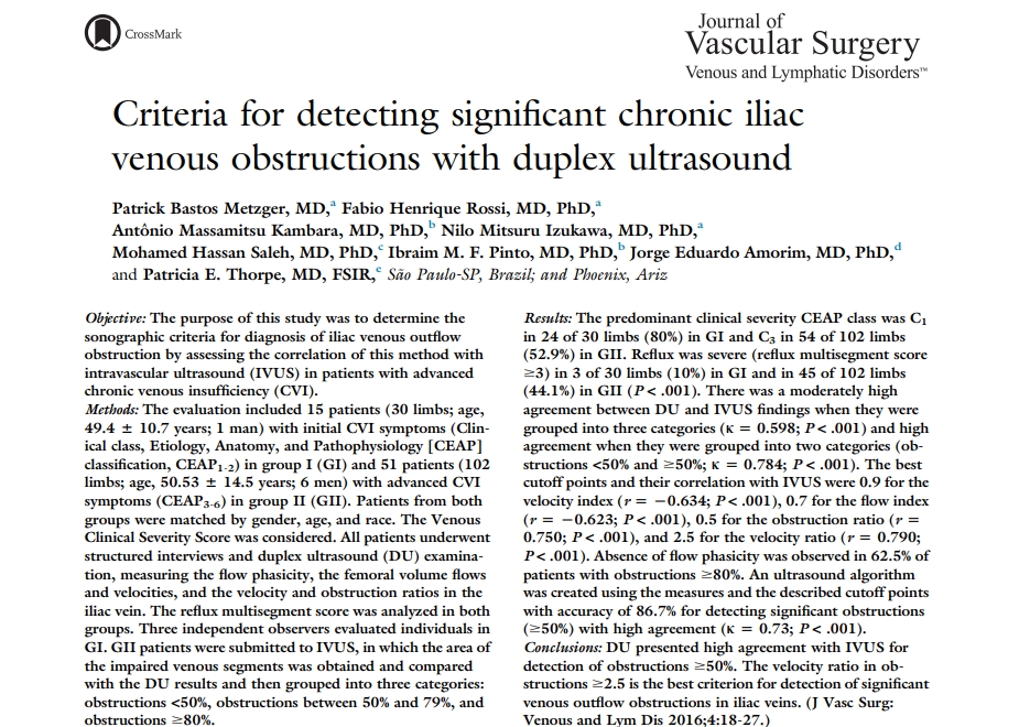Критерии определения значимой хронической обструкции подвздошных вен при помощи дуплексного ультразвукового сканирования
