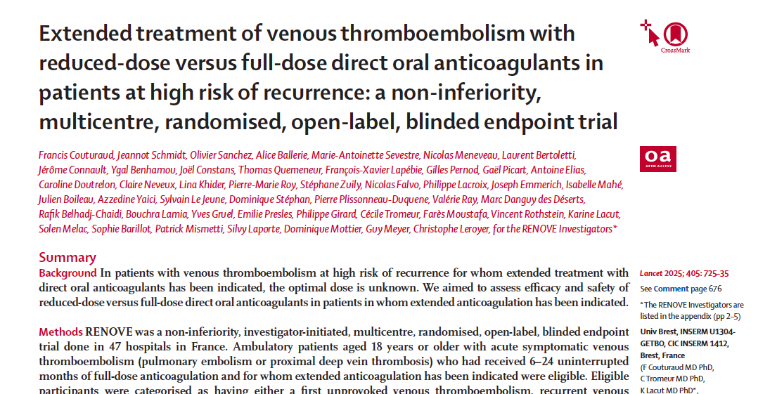Продленная терапия ВТЭО сниженной дозировкой ПОАК в сравнении с полной у пациентов с высоким риском рецидива (исследование RENOVE)